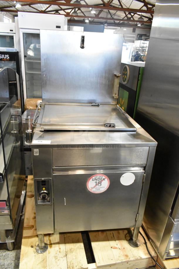 Avalon ADF24G-BA stainless steel commercial donut fryer, natural gas, 80,000 BTU. Features control panel, "No One Under 18" sticker.