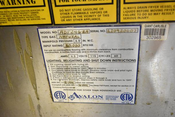 Avalon ADF24G-BA stainless steel natural gas donut fryer, 80,000 BTU, commercial use, label shows model, serial, and operation instructions.