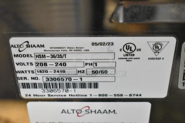 2023 Alto Shaam HSM-36/3S/T heated display case label, showing model, voltage, and certification details.