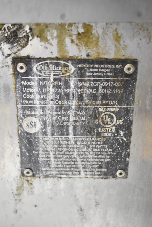 Old Hickory N/7G-RH rotisserie oven label, natural gas, metal, 7 spits, commercial, serial 7GP-0917-007, made 09/17.