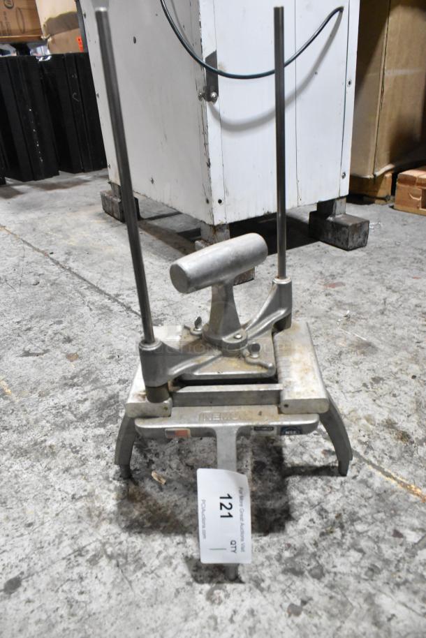 Nemco 56500-6 Metal Countertop Easy Chopper, 3/8" slice, sturdy frame, used condition, model and item tags visible.
