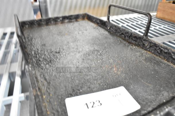 Rugged metal tray with handles, showing signs of wear and texture. Auction tag number 123 visible.