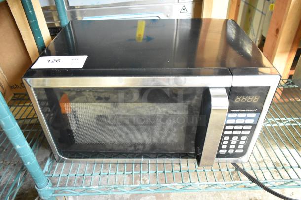 Hamilton Beach P90D23AL-WR1 microwave oven with tray. Black and stainless design, keypad with digital display. 120 volts, 1 phase.