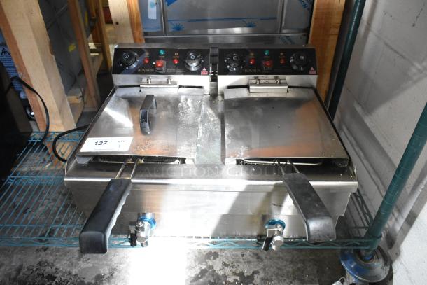 Rovsun EH102V electric 2-bay deep fat fryer with baskets and lids, 110V, lightly used, visible controls and labels.