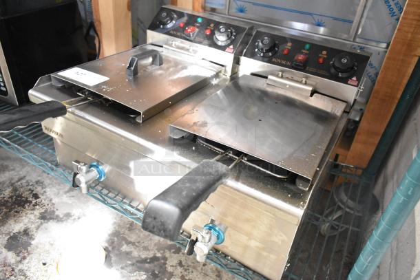 Rovsun EH102V metal countertop deep fat fryer with two bays, baskets, and lids. Electric-powered, 110V, 1 phase. Clean condition.
