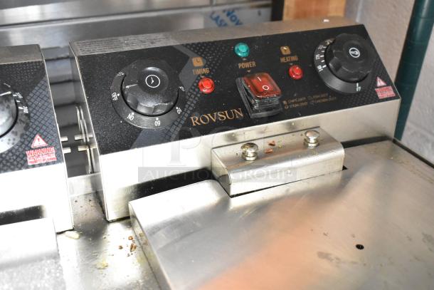Rovsun EH102V metal countertop electric fryer with dual bays, two baskets, two lids, and control panel, 110V, 1 phase.