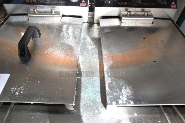 Rovsun EH102V metal countertop deep fat fryer with two fry baskets and lids. Features 110V, 1 phase. Visible wear on lids.