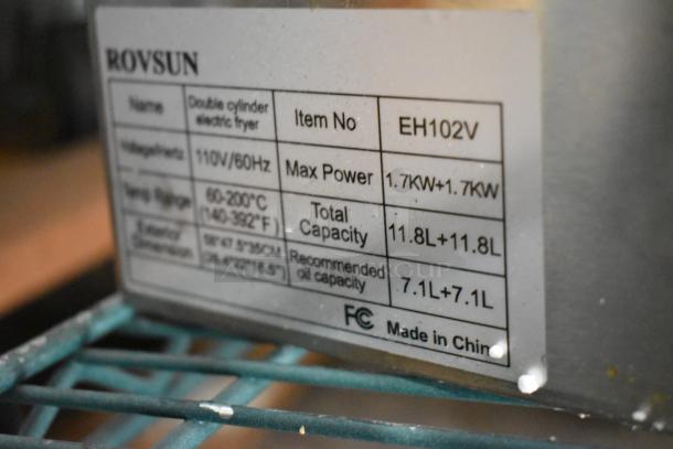 Rovsun EH102V metal electric fryer label details voltage, power, capacity, and temperature. Made in China.