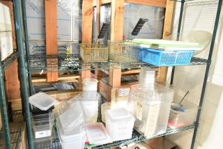Two-tier lot with poly bins, cutting boards, and fry baskets on metal shelves. Items appear in good condition.