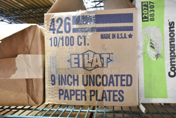 Metro lot image shows boxes of Dart P400N portion cups, 9" uncoated paper plates, and Companions PET lids. Made in USA.