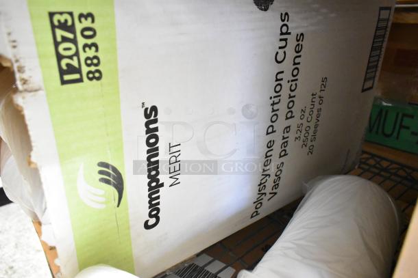 Metro lot with Dart P400N portion cups, plastic 9" lids, Companions clear PET lids, 9" paper plates. Box marked "Companions."