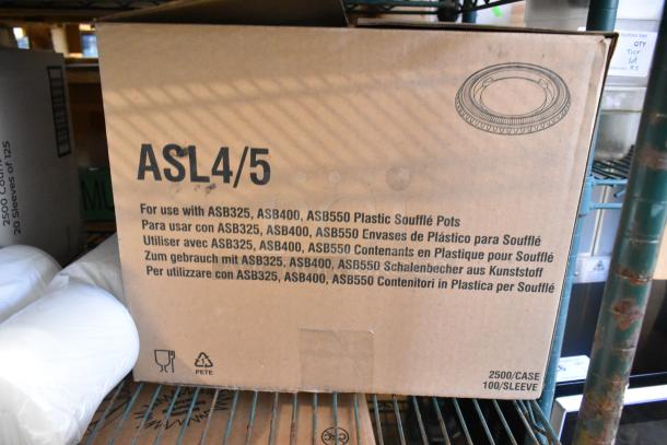 Cardboard box labeled "ASL4/5" for use with ASB325, ASB400, ASB550 plastic soufflé pots. Contains 2500 lids per case, 100 per sleeve.