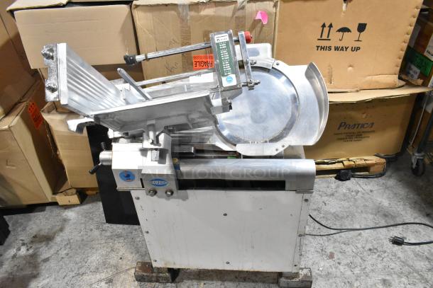Fujee HFS-350S metal commercial meat slicer, floor style, 220 volts. Features sharp blade, adjustment knobs, sturdy build.