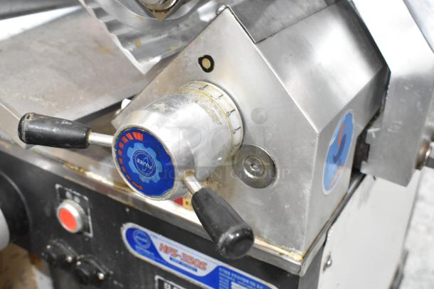 Fujee HFS-350S commercial meat slicer, metal construction, visible controls, 220 volts, model marking shown.