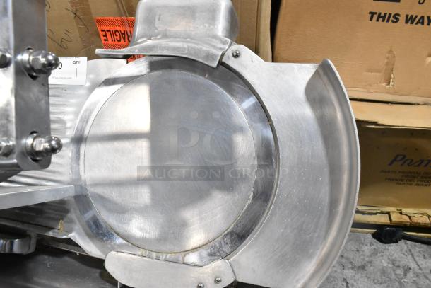 Fujee HFS-350S commercial meat slicer, metal construction, floor style, 220V, visible bolts, in good condition.