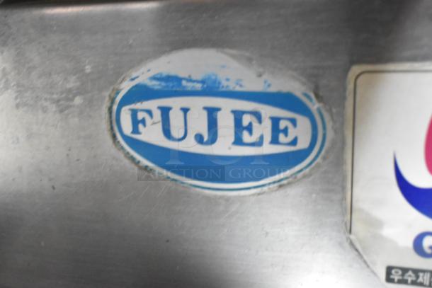 Fujee HFS-350S Metal Meat Slicer label, commercial floor model, 220 volts, blue logo visible, slight wear.