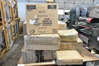 Seven boxes of new Dart ClearSeal and Choice containers, various types and sizes, some labeled as scratch and dent.