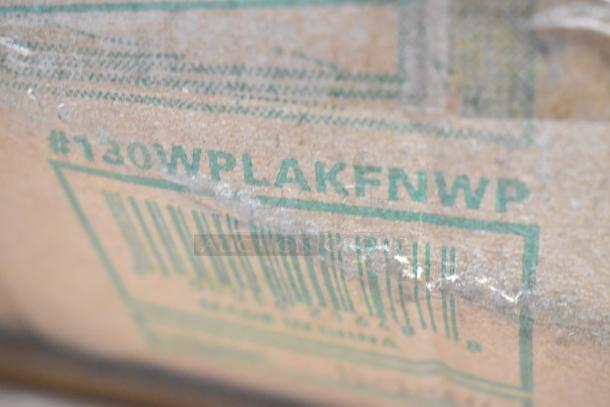Close-up of a cardboard box with "#130WPLAKFNWP" and barcode printed, part of 7 brand new scratch and dent auction items, including Dart and Choice plastic containers and cups.