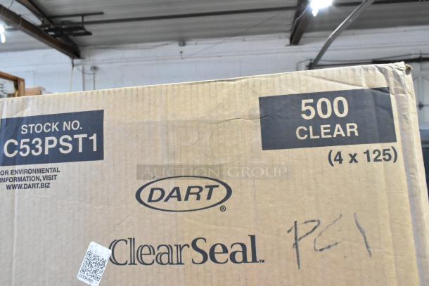 Cardboard box labeled Dart C53PST1, 500 ClearSeal containers, new condition, visible markings and website URL.
