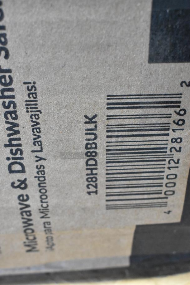 Barcoded box labeled "128HD8BULK," indicating a Choice Heavy Duty 8 oz. Microwavable Translucent Plastic Deli Container.