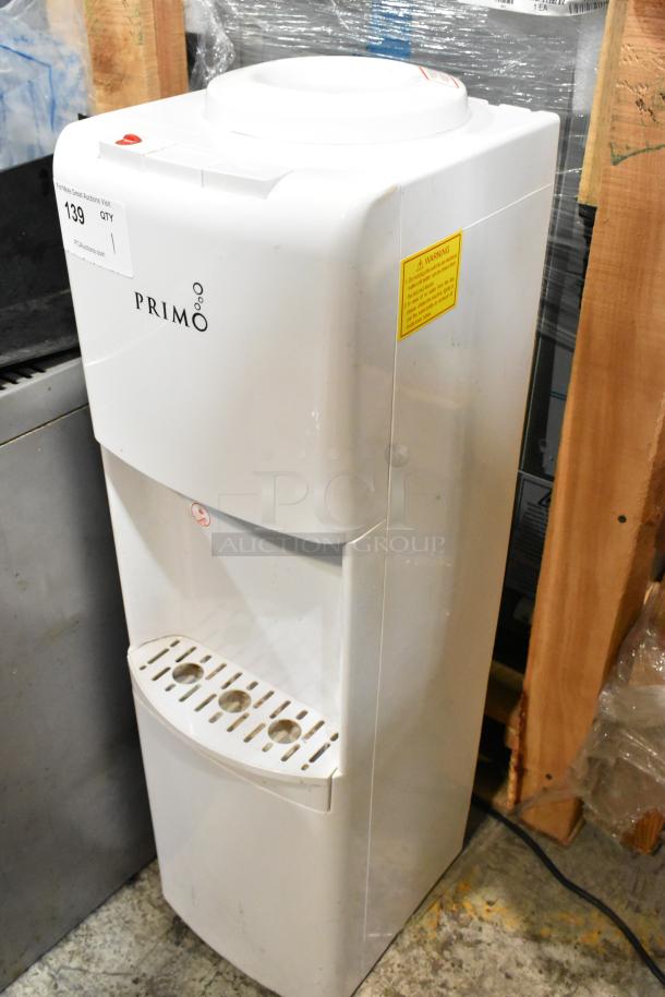Primo 601141 water cooler base, 115 volts, 1 phase, in white. Features safety warnings and number label.