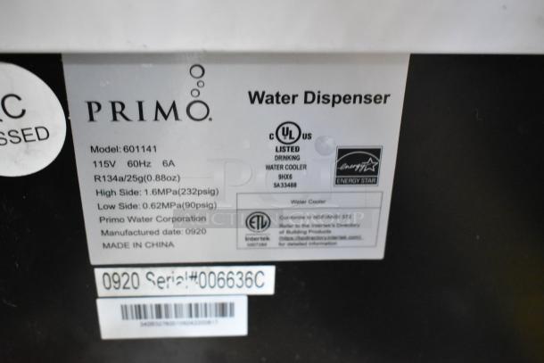 Primo 601141 Water Cooler Base label details, 115V, 1 Phase, UL listed, Energy Star certified. Model 601141, made in China.