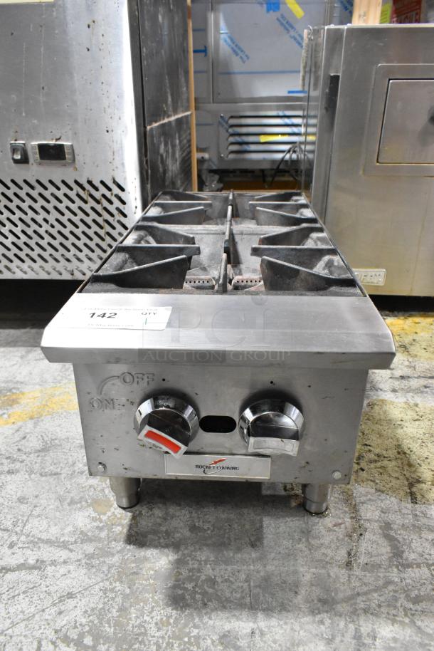 2022 Rocket Cooking 2 Burner Range, stainless steel, natural gas, commercial countertop model, visible dials, slight wear.