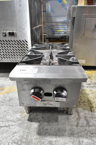 2022 Rocket Cooking 2 Burner Range, stainless steel, natural gas, commercial countertop model, visible dials, slight wear.