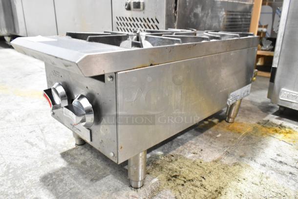 2022 Rocket Cooking stainless steel 2-burner range, natural gas powered, used condition, commercial countertop model.
