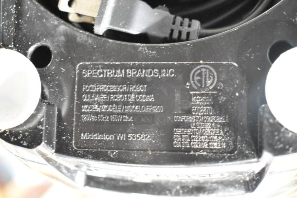 Spectrum FP4200 Countertop Food Processor label indicating 120V, 1 Phase, with visible wear.