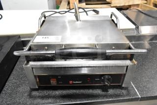 Cecilware 721350 stainless steel panini press, 120 volts, 1 phase, commercial countertop model, visible on/off switch, temperature dial.