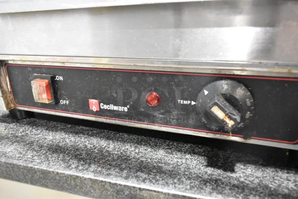 Cecilware 721350 stainless steel panini press, showing control panel with power switch, temperature dial, used condition.