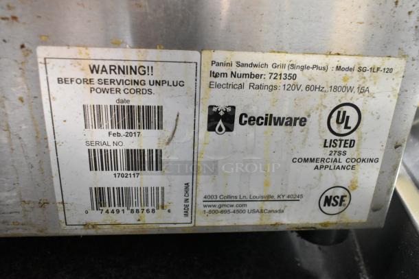 Cecilware 721350 stainless steel panini press with electrical rating of 120V, 60Hz, 1800W. UL and NSF listed.