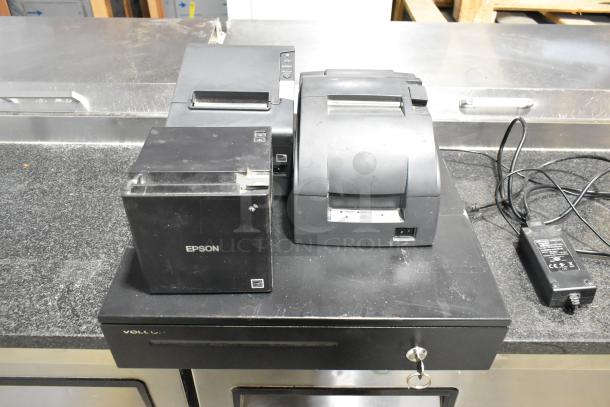 Set of 3 Epson receipt printers atop a Cecilware metal cash drawer, model 721350, with visible power cords and key.