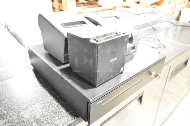 Lot of 4 items: 3 Epson receipt printers and a metal cash drawer. Model Cecilware 721350. Adjustable key lock visible.