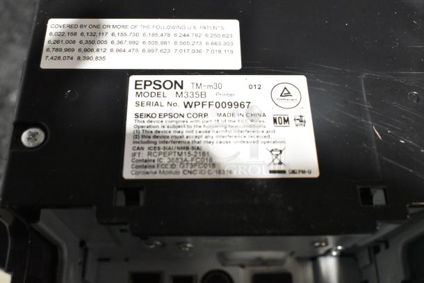 4-piece set: 3 Epson TM-m30 receipt printers, Model M335B, FCC compliant, plus Cecilware Model 721350 metal cash drawer.
