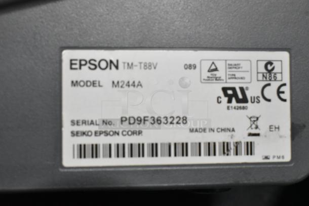 Epson TM-T88V receipt printer label, Model M244A, showing serial number PD9F363228 and certifications.