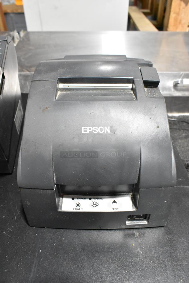 3 Epson receipt printers showing power and feed buttons, lightly used condition. Includes Cecilware cash drawer, model 721350.