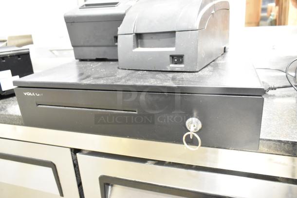 Epson receipt printers and Cecilware 721350 metal cash drawer, key and power switch visible, used condition.