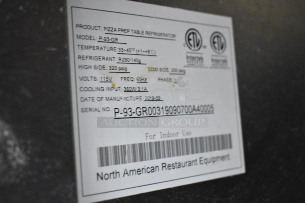 2019 Atosa P-93-GR pizza prep table label with specs: 115V, 1 phase, black stone cutting board, for indoor use.
