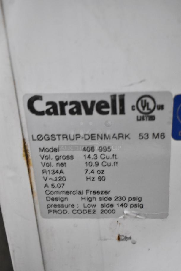 Caravell 406-995 commercial chest freezer label details: 14.3 cu. ft. gross, 10.9 cu. ft. net, R134A refrigerant, 115V, 1 phase.