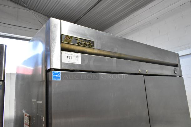 2016 True T-49 stainless steel commercial 2-door reach-in cooler with poly-coated racks and casters, 115V, 1-phase.