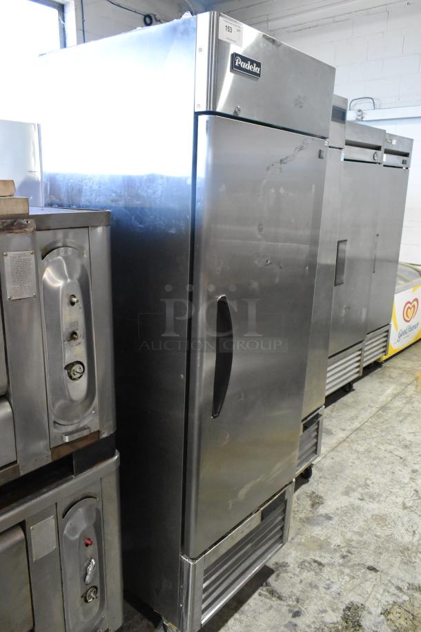 2020 Padela PDB-1F-HC stainless steel single door commercial freezer on casters, model visible, minor wear.
