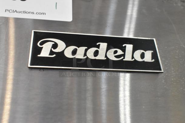 Alt Text: Padela brand label on stainless steel surface of 2020 Padela PDB-1F-HC commercial freezer.