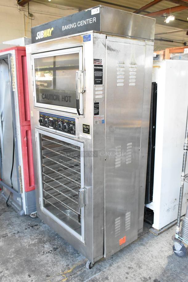 Nu Vu SUB-123 stainless steel commercial oven proofer on casters, Subway branding, 208V, 3 phase, controls visible.