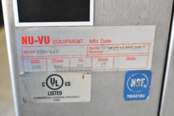 Nu Vu SUB-123 stainless steel commercial oven proofer, 208 volts, 3 phase, on casters. Tags show model, serial number, UL, NSF.