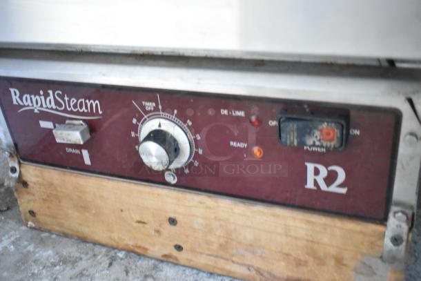 Southbend R2 stainless steel steam cabinet, electric, 208V, 3-phase, countertop, single deck. Control panel with dial and switches visible.