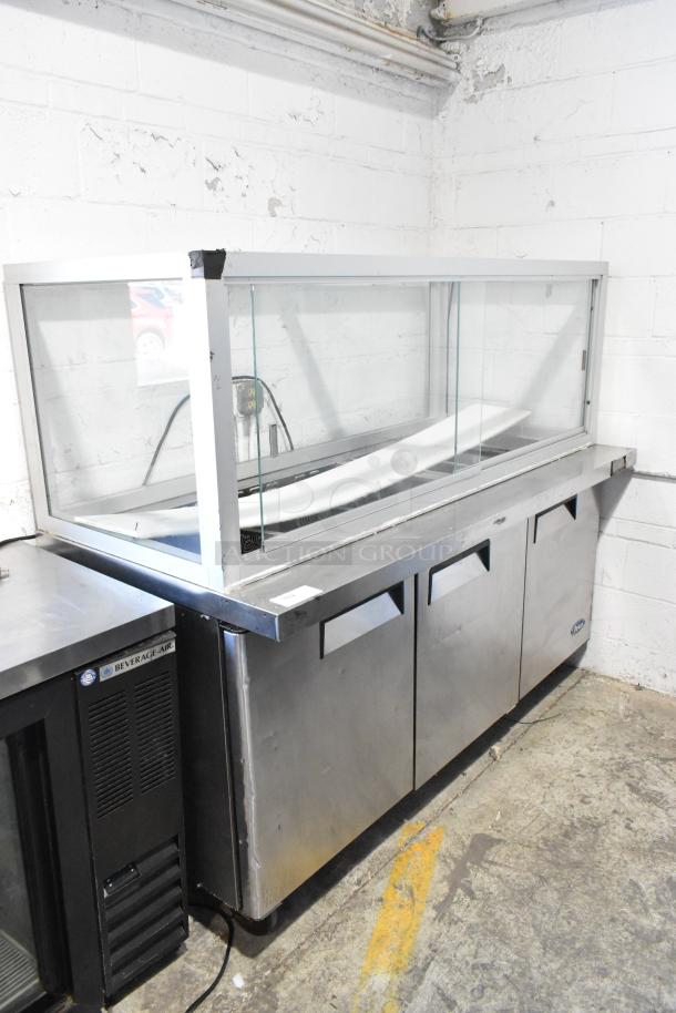 Atosa MSF8008 stainless steel prep table with sneeze guard, commercial casters, and 115V, 1-phase power.