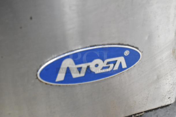 Atosa MSF8008 prep table, stainless steel with sneeze guard. Features commercial casters, visible Atosa logo. 115V, 1 phase.