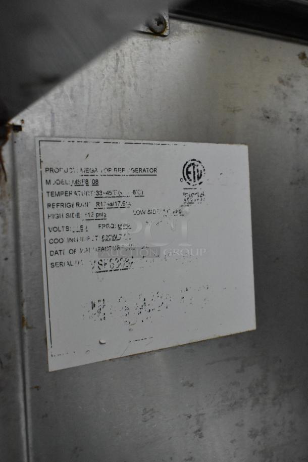 Atosa MSF8008 Stainless Steel Commercial Prep Table label, showing model number, temperature range, and serial details.